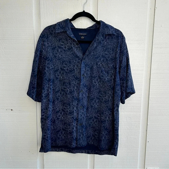 Men’s Toscano 100% Silk Short Sleeve All Over Stitched Print Button Down Shirt - Picture 2 of 8